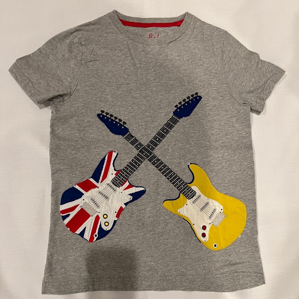 Mini Boden Gray Tshirt Union Jack British Guitars Rock UK England Applique 11-12